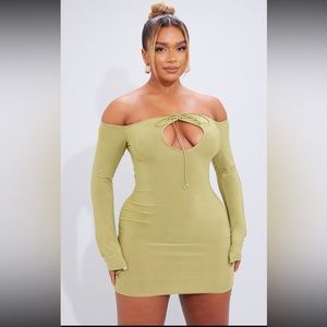 PrettyLittleThing Olive Bardot Tie Bodycon Mini Dress